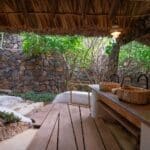 Outdoor double vanity and shower at Boa Vida Rote